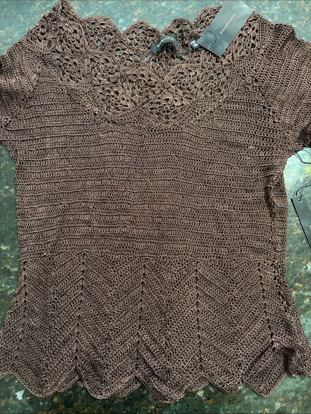 NWT BCBG Maxazria chocolate brown crotchet knit sweater